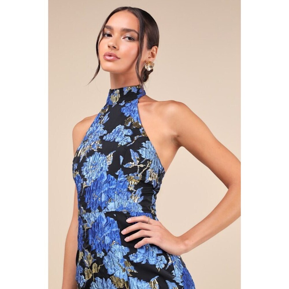 Lulus Extraordinary Impression Black Floral Jacquard Halter Mini Dress - Size L